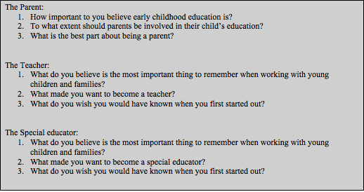 Text Box: The Parent: 1. How important to you believe early childhood education is? 2. To what extent should parents be involved in their child’s education? 3. What is the best part about being a parent? The Teacher: 1. What do you believe is the most important thing to remember when working with young children and families? 2. What made you want to become a teacher? 3. What do you wish you would have known when you first started out? The Special educator: 1. What do you believe is the most important thing to remember when working with young children and families? 2. What made you want to become a special educator? 3. What do you wish you would have known when you first started out?